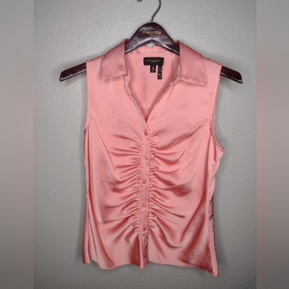 Donna Karan New York Womens Sleeveless Blouse XS Pink Button Up Collar A